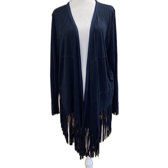 POL Cardigan Women’s Sz Large Black Open Front Fringe High Low Western Festival - Picture 1 of 7